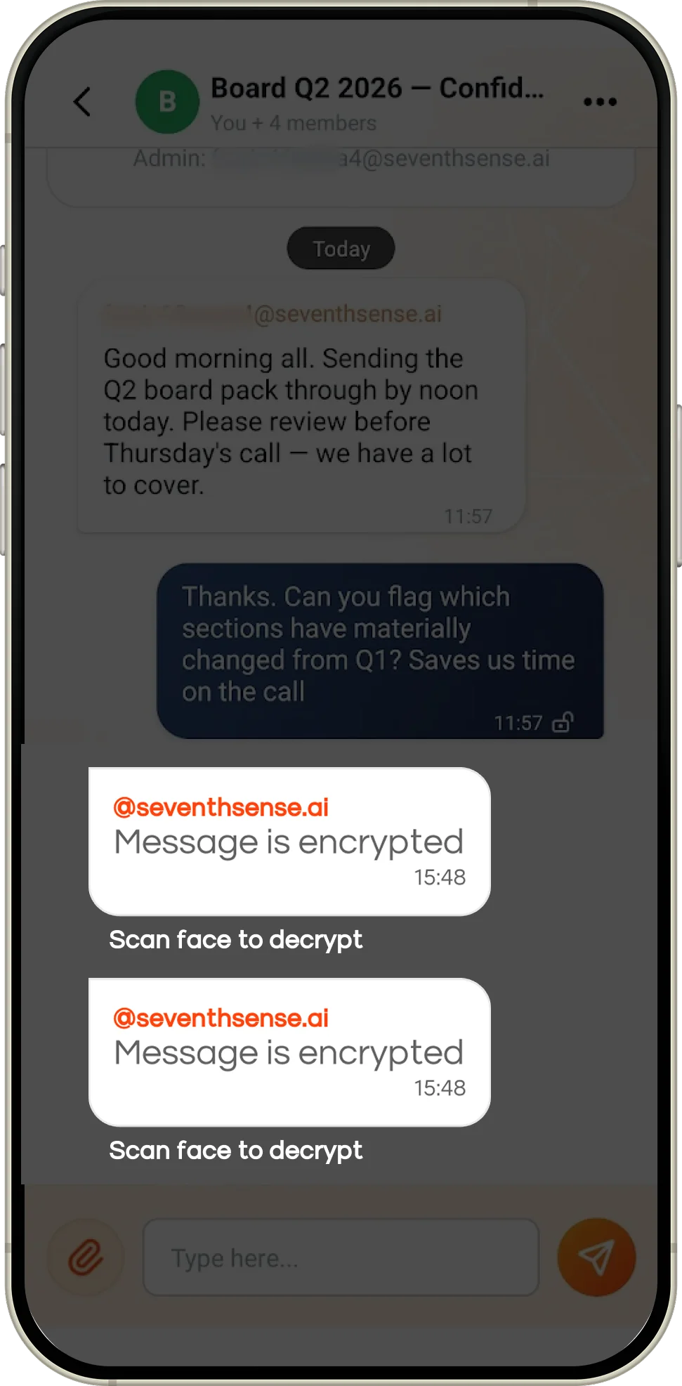 Chat in Lume Auth app showing an encrypted conversation