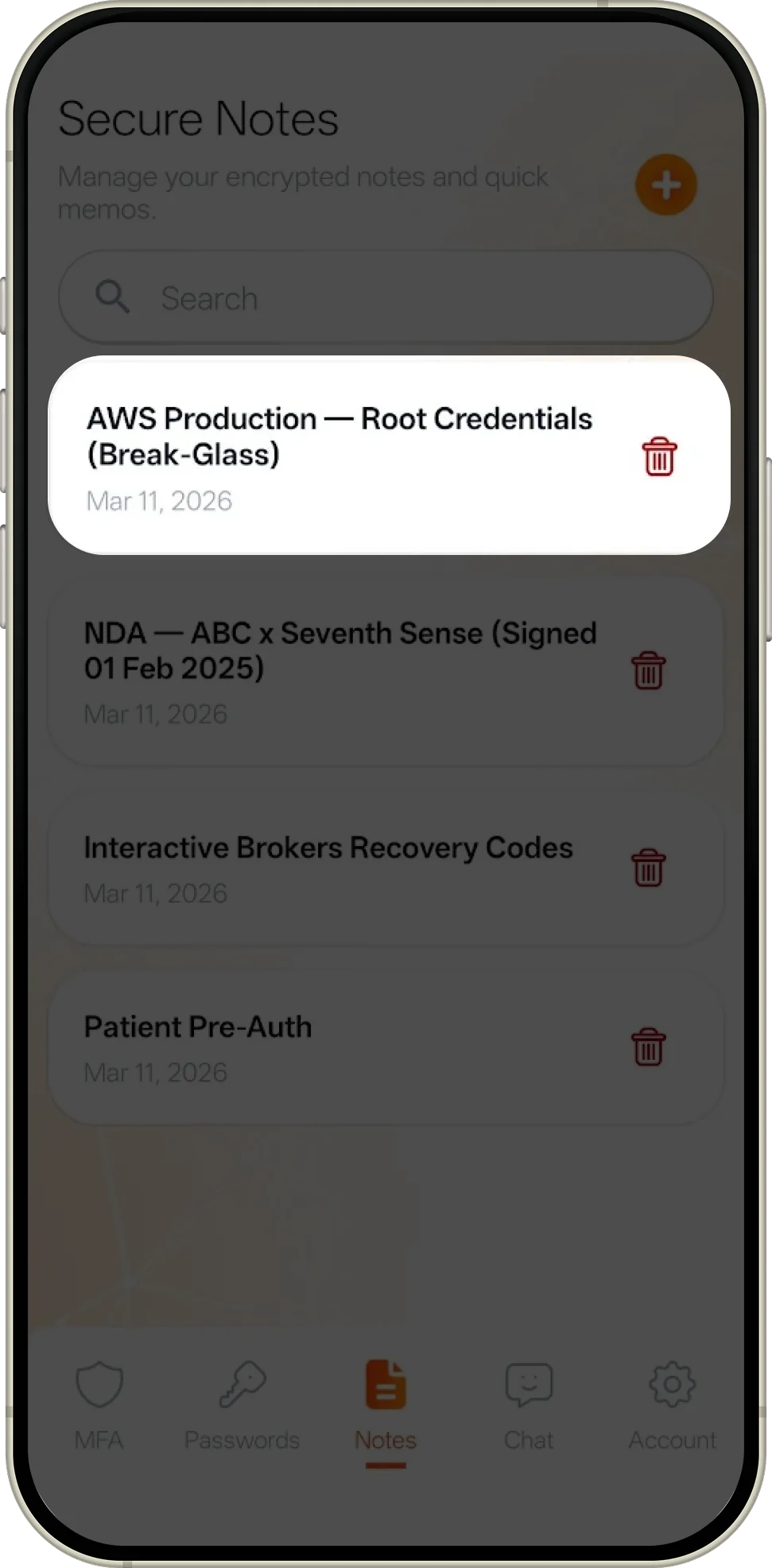 Lume Auth secure notes screen