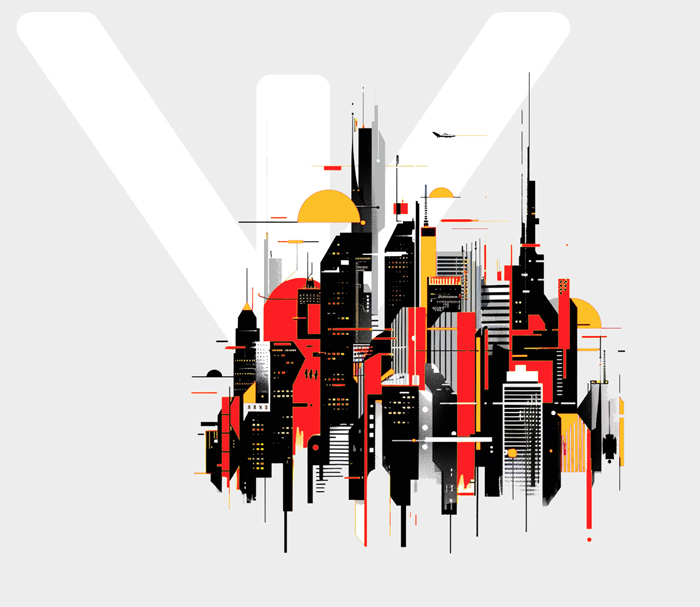 Abstract illustration of a city skyline with geomatric shapes and bold colors, including red, yellow, and black, on a light gray background. An airplane is visible in the sky, hinting at advances like AI-powered video seacrh capturing its flight.