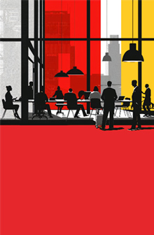 Silhouettes of people working in a modern office with large windows are set against bold red, black, white, and yellow color blocks. Hanging lights illuminate the workspace where secure digital signatures ensure seamless transactions.