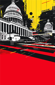 A stylized illustration of the U.S. Capitol building set against a bold, abstract background with dominant yellow, black, and red colors. The scene combines architectural elements with dynamic lines and geometric shapes, reflecting themes of secure identity verification woven into its design.