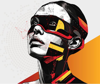 Stylized portrait of a person looking up, wearing a red and black mask-like design over their eyes. Bold geometric patterns in red, black, and orange echo the layered complexity of face-attested credentials for secure digital signatures, set against a light background.