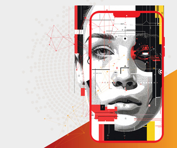 An abstract artwork of a face intertwined with digital and geometric elements, overlaid with a smartphone outline. The design melds red, yellow, and black hues with circuit-like patterns, symbolizing the fusion of multimodal AI technology and human expression.