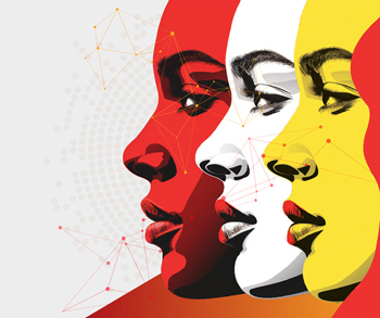 Abstract artwork featuring three overlapping profiles in red, white, and yellow, facing right. The image incorporates geometric lines and dots reminiscent of biometric ID solutions, creating a modern and dynamic design against a gradient background.