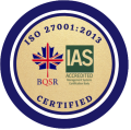 A round badge with a blue border, featuring ISO 27001:2013 CERTIFIED text. The center shows a maple leaf with BQSR and a green box with IAS ACCREDITED Management Systems Certification Body.