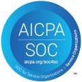 A circular blue logo with white text reading AICPA SOC and the website aicpa.org/soc4so beneath. The border contains the text SOC for Service Organizations | Service Organizations.