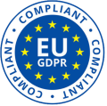 A blue circular badge with yellow stars depicting the EU flag. In the center, it reads EU GDPR. The outer circle states COMPLIANT three times, indicating compliance with General Data Protection Regulation.