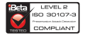 A certification badge with iBeta Quality Assurance logo. Text reads Level 2, ISO 30107-3, Presentation Attack Detection, Compliant with a large red checkmark labeled Tested.